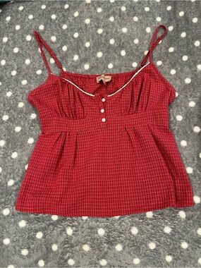 Sleeveless Red Check Spaghetti Strap Camisole with Button Front